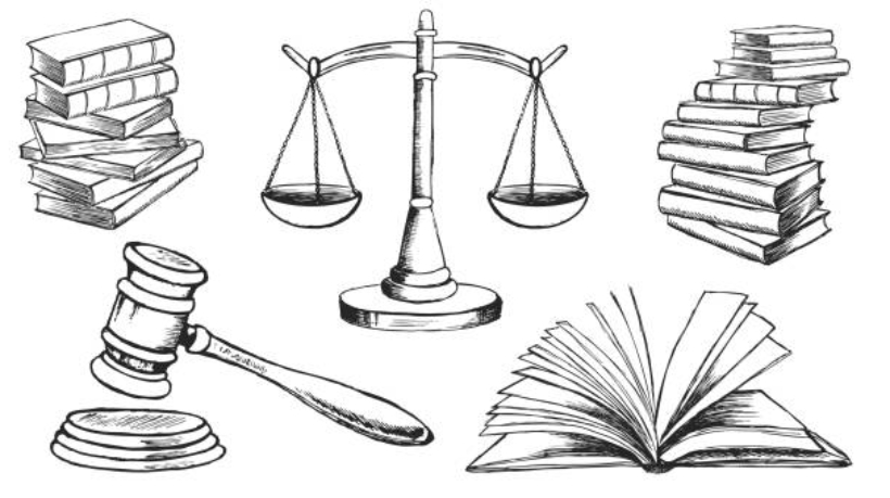 Law symbols set. Scales vector hand drawn.